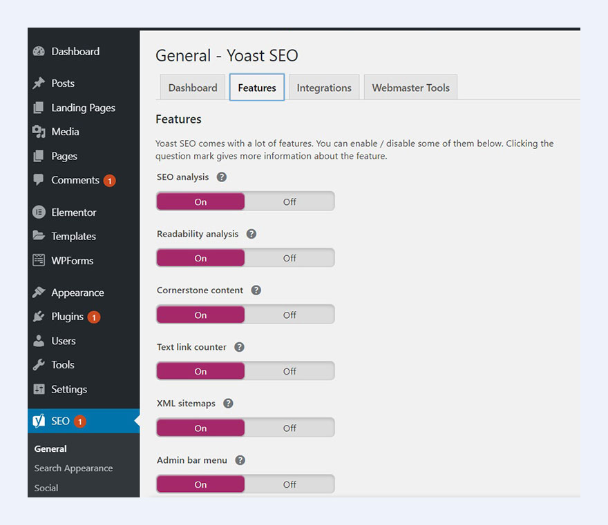 Options under features tab in yoast SEO