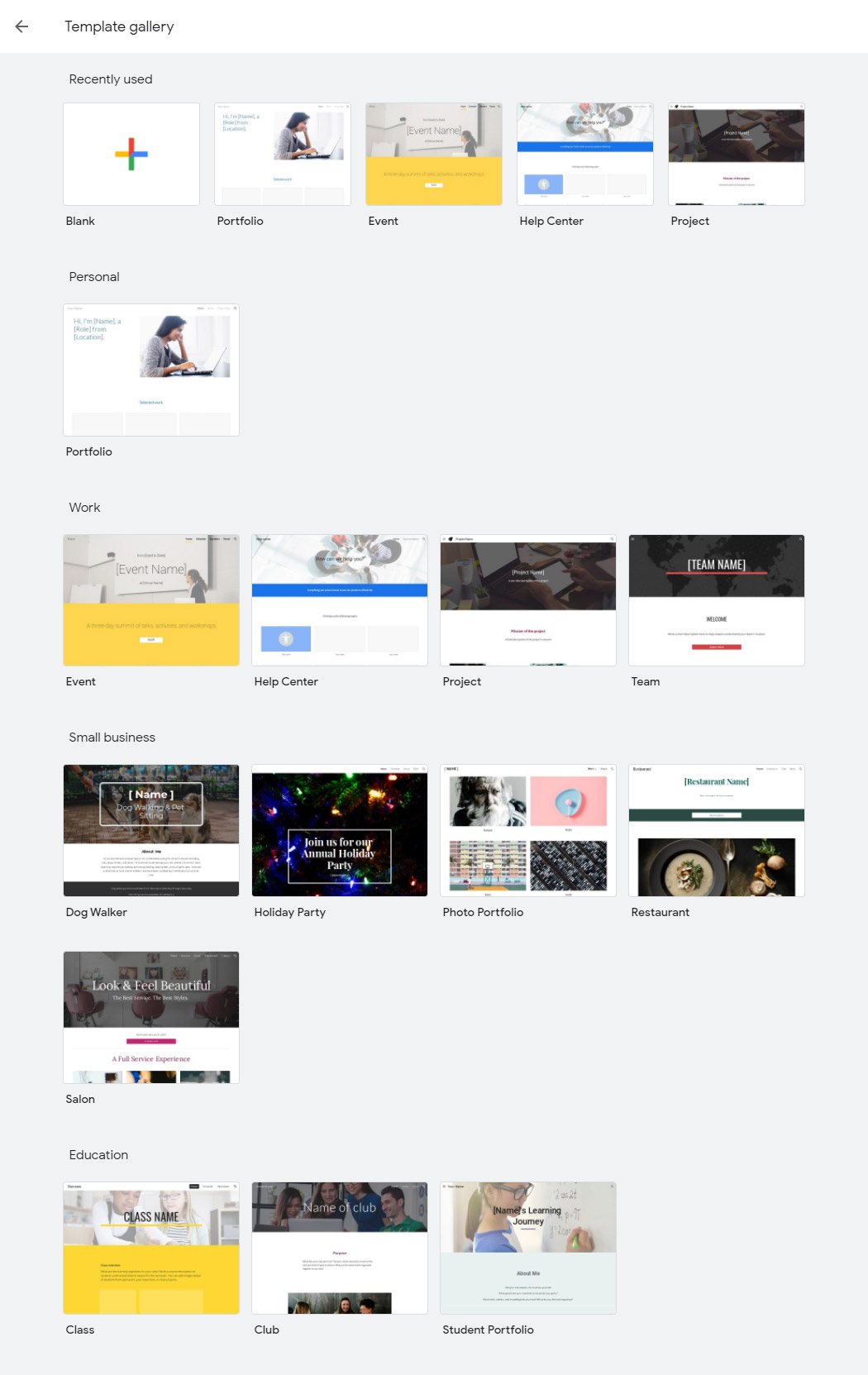 Google Sites Template Gallery