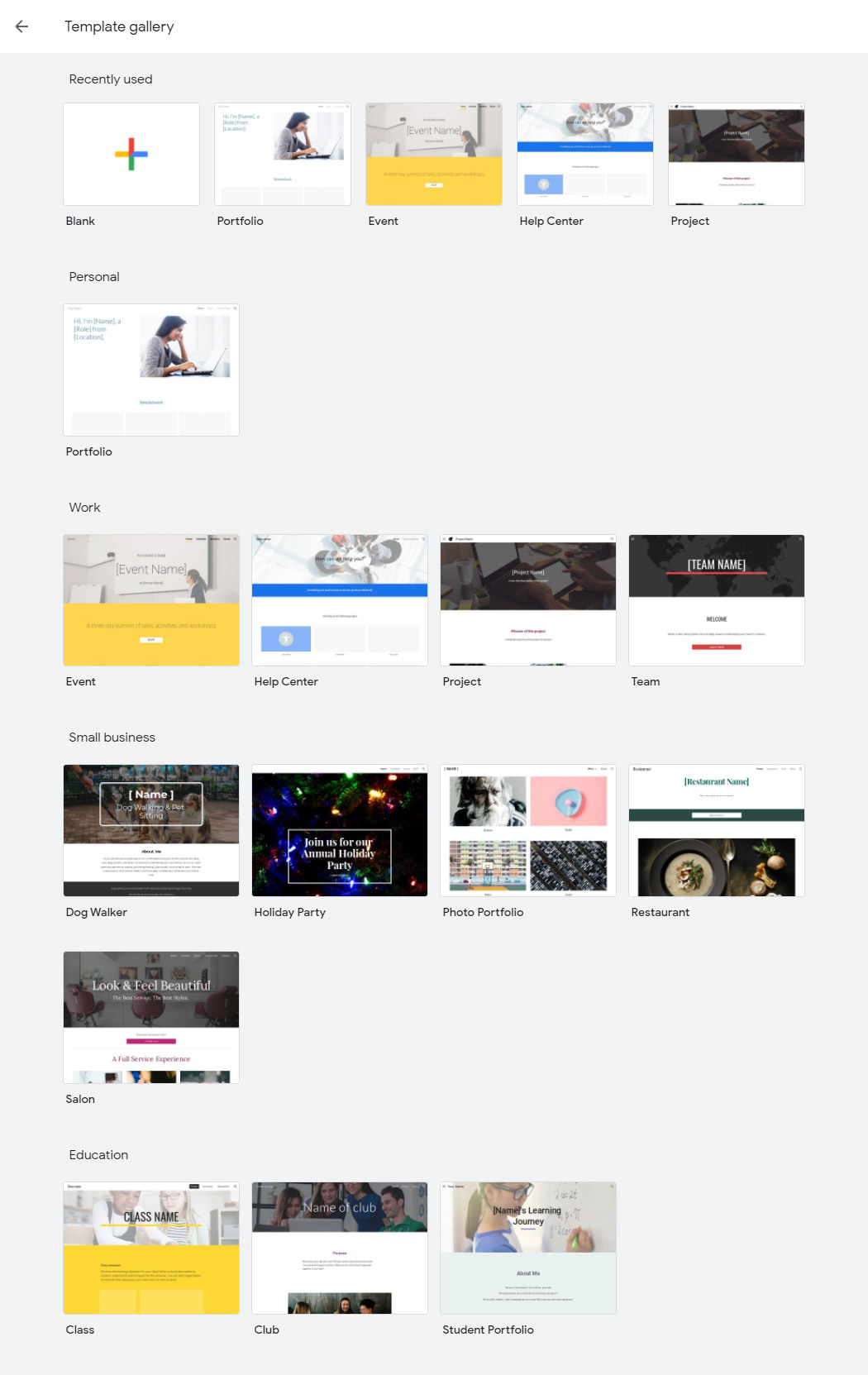 Google Site Template Gallery