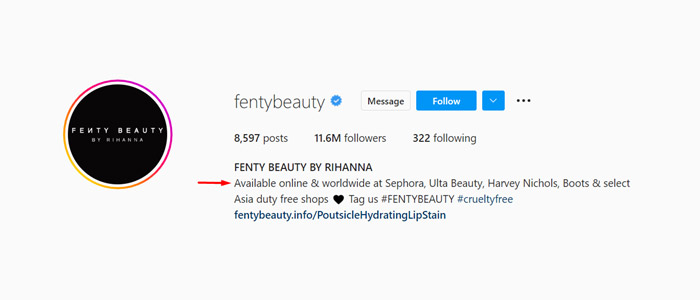 Fenty Beauty business Instagram account