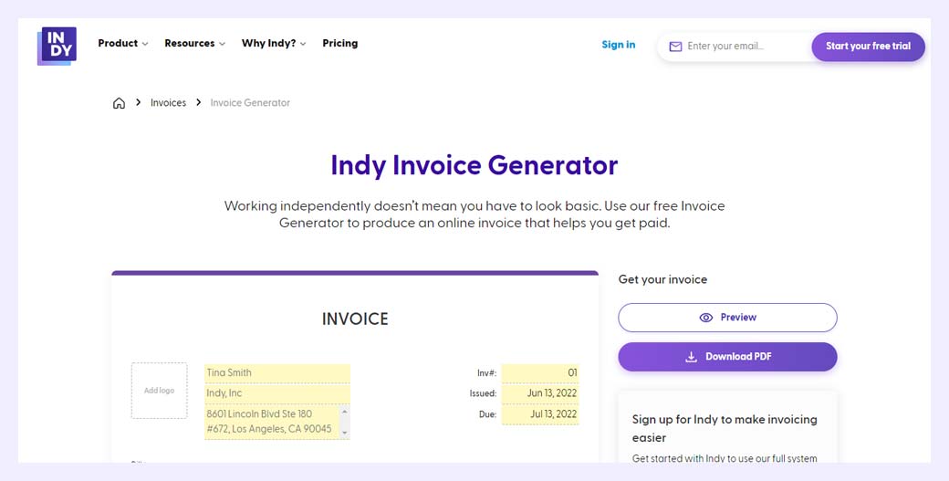 Indy Invoice Generator for Freelancers